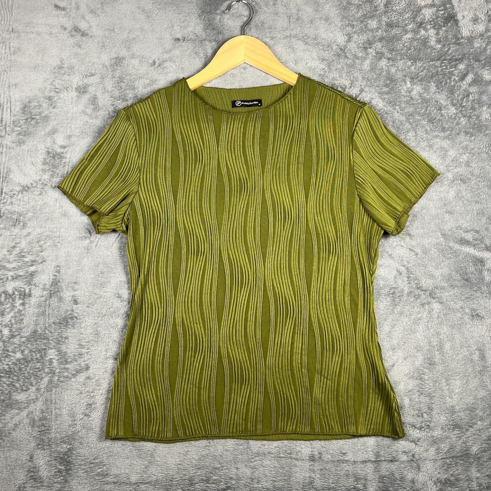 Prettygarden Blouse Top Womens Medium Olive Green All Over Vertical Crinkle